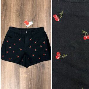 NEW Cider Denim Mid Rise Cherry Embroidery Black Denim Shorts Sz 12/14